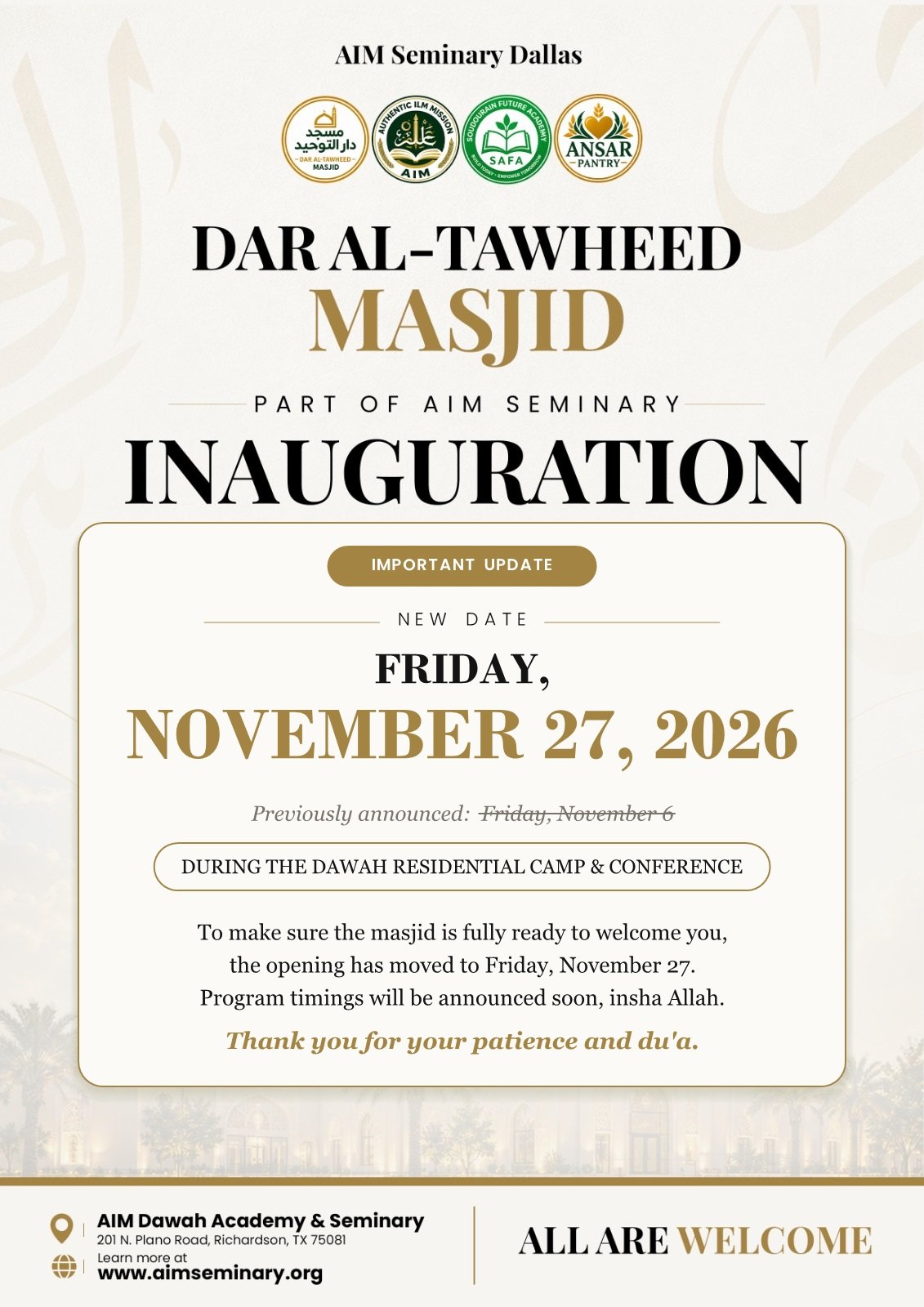 Masjid Dar Al-Tawheed Inauguration update: new date Friday, November 27, 2026