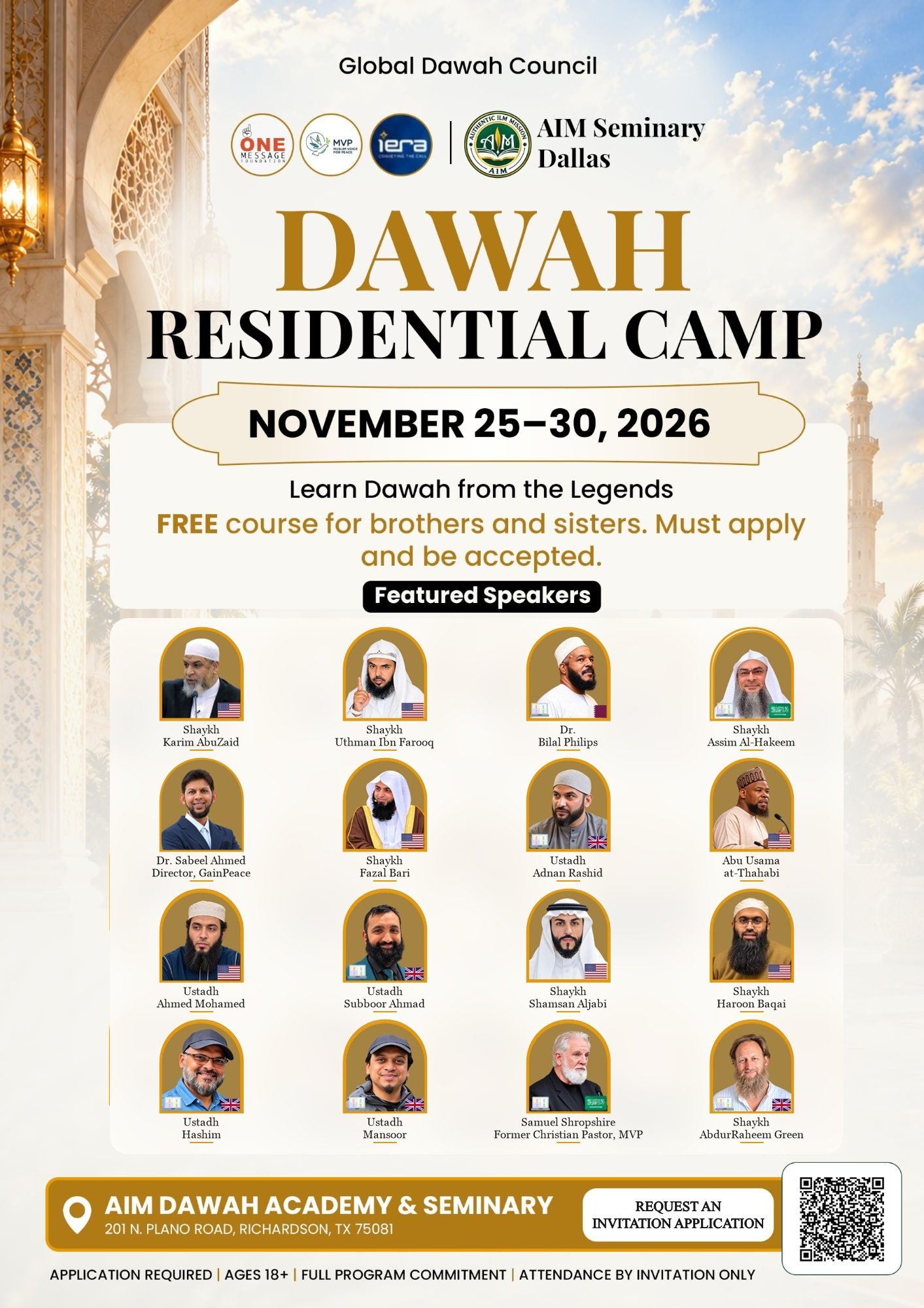 Dawah Residential Camp flyer — November 25–30, 2026, AIM Seminary Dallas